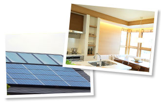 キッチンと太陽光発電がのった屋根