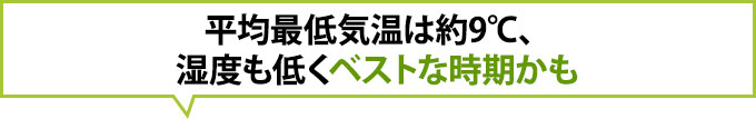 平均最低気温は約9℃、湿度も低くベストな時期かもしれません