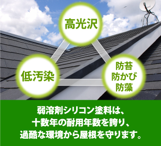 弱溶剤シリコン塗料は、十数年の耐用年数を誇り、過酷な環境から屋根を守ります