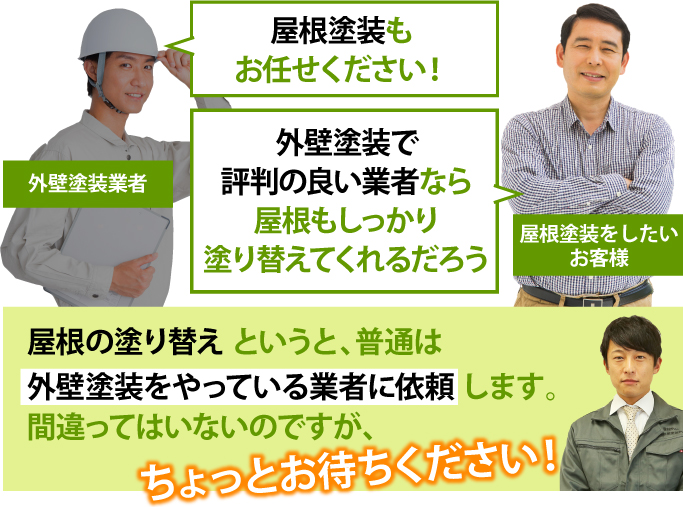 屋根の塗り替えというと、普通は外壁塗装をやっている業者に依頼しますが、ちょっとお待ちください!